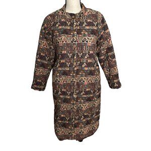 NWT Winter Aztec Long Coat Brown Geometric Button Up Shearling Slot Pockets XL